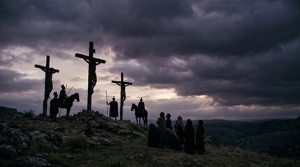 Naklejka na ściany i meble Atmospheric depiction of the crucifixion on Golgotha: three crosses with Christ and two thieves silhouetted against a stormy sky, mourners and soldiers gathered below