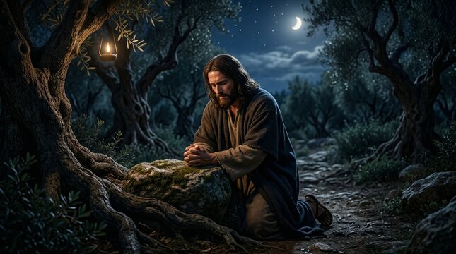 Jesus praying in the Garden of Gethsemane beneath moonlit olive trees, a solemn New Testament scene of supplication, anguish and devotion before the crucifixion