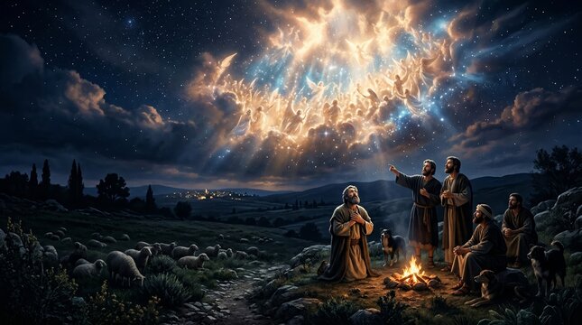 Shepherds in Bethlehem at night witnessing a radiant heavenly host of angels proclaiming the nativity, a biblical scene evoking Old and New Testament stories and worship