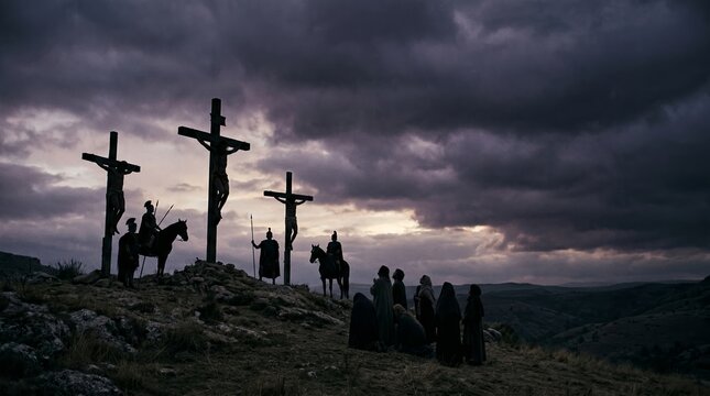 Atmospheric depiction of the crucifixion on Golgotha: three crosses with Christ and two thieves silhouetted against a stormy sky, mourners and soldiers gathered below