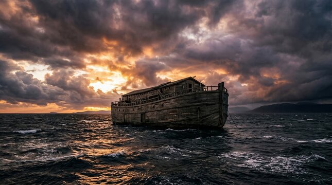 Dramatic wooden ark adrift on storm-tossed seas under a brooding sunset sky, evoking Noah's flood and the covenant; a powerful biblical image of faith, deliverance and salvation