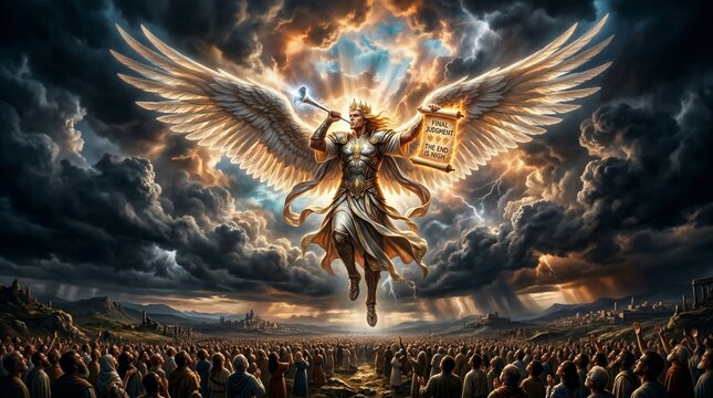 Radiant archangel with outstretched wings sounding the trumpet of judgment over a vast gathered multitude, holding a scroll of revelation as heaven opens in apocalyptic light