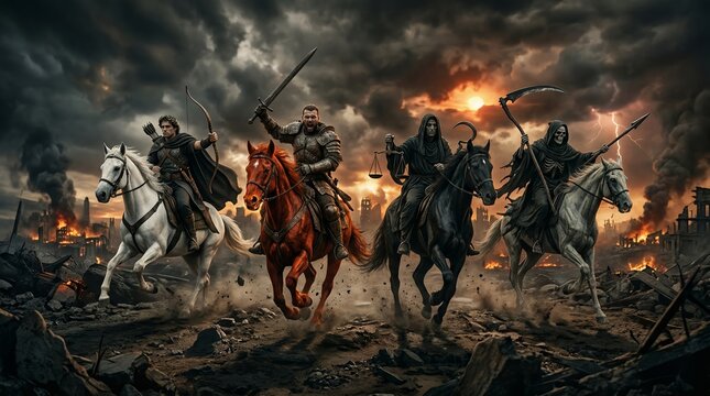 Epic depiction of the Four Horsemen of the Apocalypse charging through a burning, war-ravaged cityscape, evoking biblical judgment, conquest, war, famine and death.