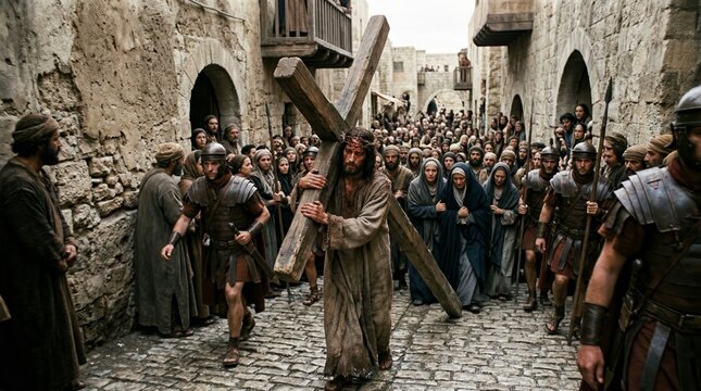 Dramatic portrayal of Jesus carrying the cross through crowded Jerusalem streets, flanked by Roman soldiers and grieving followers as onlookers witness the Passion of Christ.