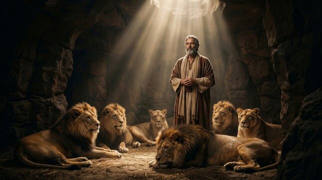 Daniel in the lion's den portrayed as a faithful prophet standing calmly among resting lions in a rocky cave under a divine shaft of light, symbolizing faith and deliverance