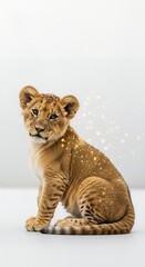 Obraz premium Cute lion cub sitting alone.