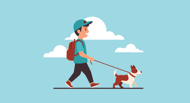 Boy walking dog on leash outside.