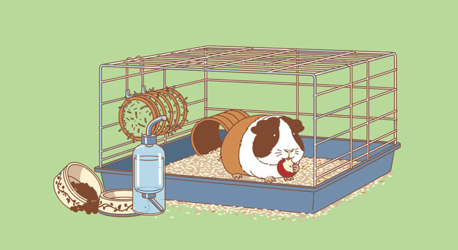 Cavy in cage eating food pellet.