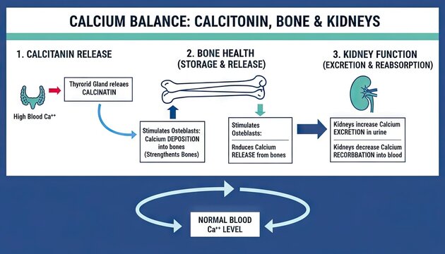 Diagram Illustrating Calcium Balance Involving Calcitonin Bone and Kidneys With Flow Chart Showing Drug Release Bone Health and Dietary Dissipatio