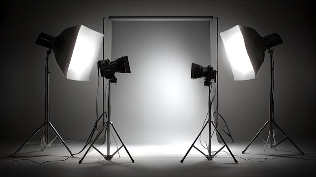 lighting equipment illuminates a seamless backdrop with softboxes mounted on tripods.