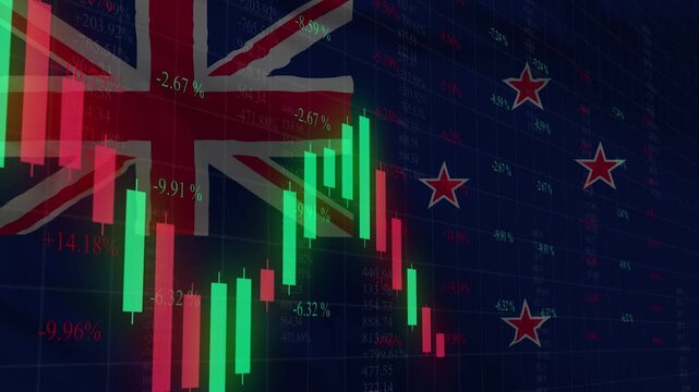 New Zealand's Economy: A visualization of New Zealand's flag overlaid with dynamic financial data, symbolizing the nation's economic landscape, with the red and green candlestick charts