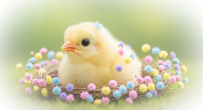 Cute baby chick in Easter nest.