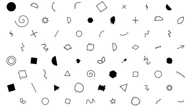 Glitch Doodle Shapes Pattern, Black Icons with RGB Distortion on White Background, Glitch Animation Motion Graphics Seamless Loop, 4K