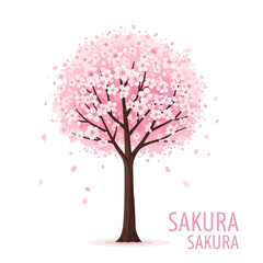 Obraz premium Vibrant illustration of a blooming cherry blossom tree featuring delicate pink flowers and falling petals, symbolizing spring renewal and natural beauty