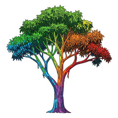 Naklejka premium Vibrant spectrum tree illustration symbolizing natural diversity, energetic growth, and life's colorful harmony