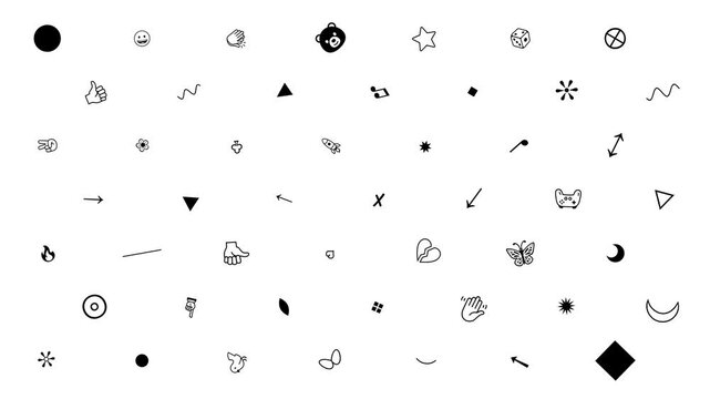 Black Emoji Style Icons Pattern, Monochrome Symbols Rotating on White Background, Rotating Animation Motion Graphics Seamless Loop, 4K