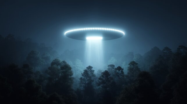 Cinematic UFO hovering above dark forest at night, casting powerful beam of light through mist. Dramatic alien abduction scene with glowing spaceship and mysterious atmosphere.