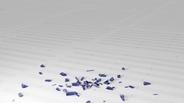 五線紙の上に落下して崩壊するガラスのト音記号　3Dイラストレーション