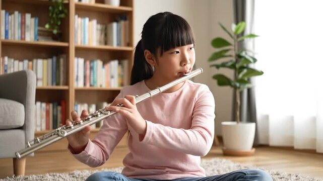 Young Girl Learning Flute at Home &ndash; Mid-Shot Music Education and Practice