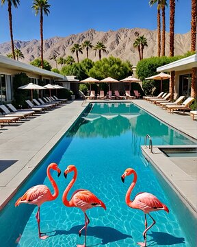 Flamingo pink bird with Palm Springs swimming pool hotel