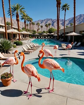Flamingo pink bird with Palm Springs swimming pool hotel