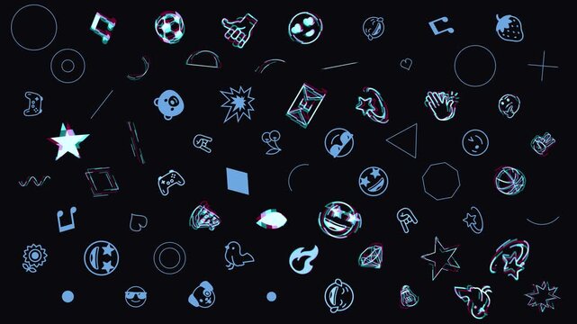 Glitch Emoji Icons Pattern, Blue Symbols with RGB Distortion on Dark Blue Background, Glitch Animation Motion Graphics Seamless Loop, 4K
