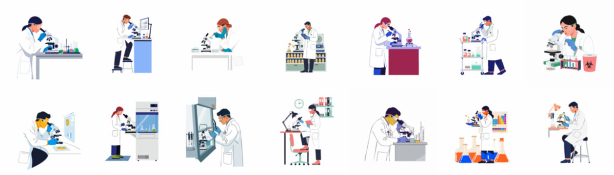 Set of vector illustrations featuring diverse scientists and lab technicians conducting scientific research, clinical analysis, and experiments using microscopes and specialized equipment.