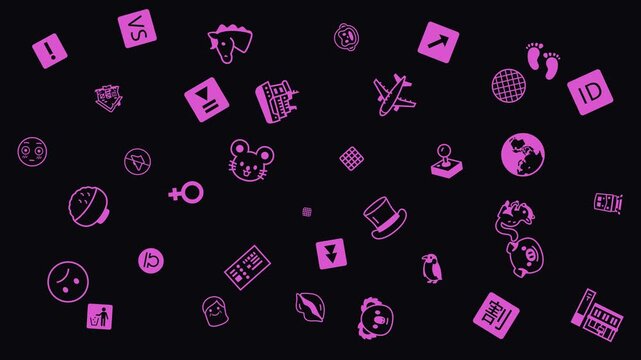 Pink Magenta Icons Pattern, Doodle Symbols Drifting on Black Background, Drift Animation Motion Graphics Seamless Loop, 4K