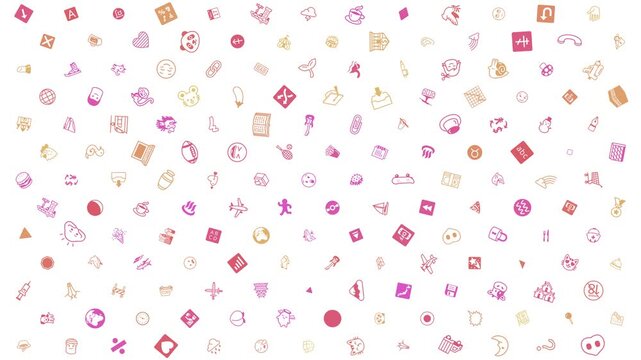 Animated Colorful Pink Orange Doodle Icons Pattern Rotating on White Background, Seamless Loop 4K