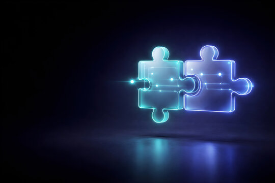 Futuristic Glowing Puzzle Pieces Connection - 3D Illustration of Technology Integration, Software Development and Solution Concept