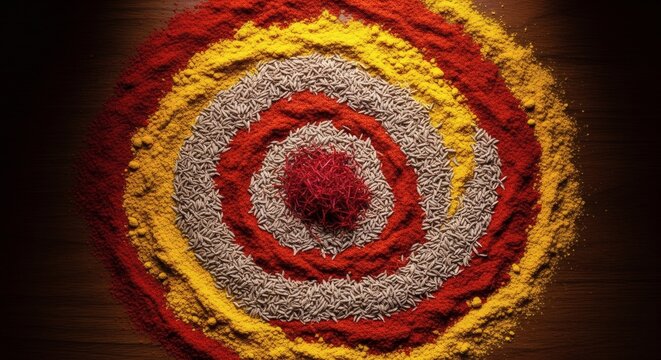 Colorful Spice Mandala on Dark Wood