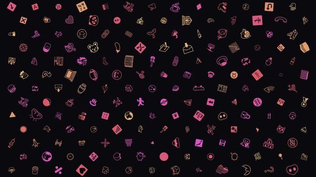 Animated Colorful Pink Orange Doodle Icons Pattern Rotating on Black Background, Seamless Loop 4K