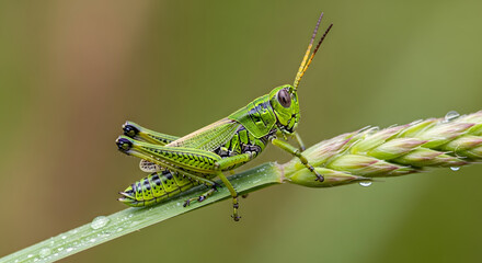 Fototapeta premium Grasshopper's Perch: A vibrant green grasshopper clings delicately to a blade of grass, capturing nature's miniature marvels with its intricate details.