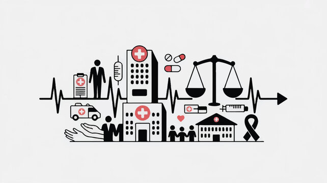 Abstract health and medical icons flowing on a lifeline, representing healthcare and well-being