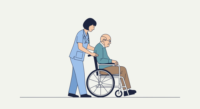 Nurse pushing elderly woman in wheelchair.