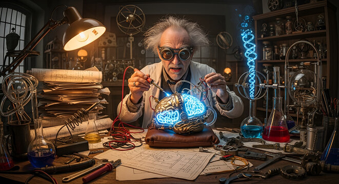Mad scientist cartoon style inventor in a vintage laboratory