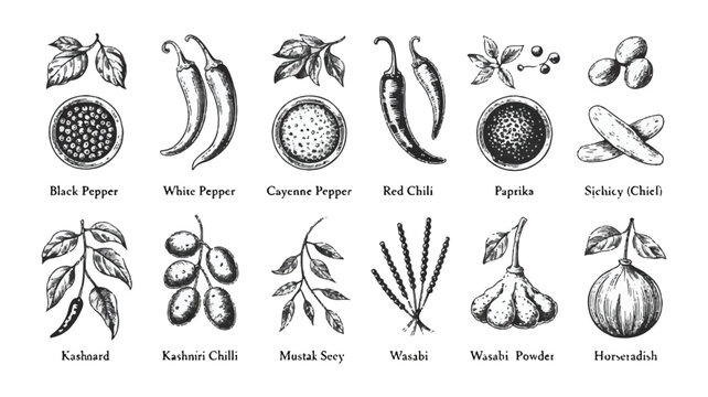 Vintage illustration of spices and herbs: black pepper, cardamom, chili peppers, olives, basil, garlic, and nutmeg with handwritten labels