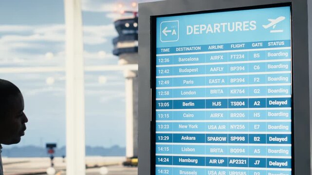 All flights cancellation, unhappy passengers, red alerts on board screen, flights grounded due to strike or conflict. Diverse group shows panic, anger and frustration, uncertain travel plans.