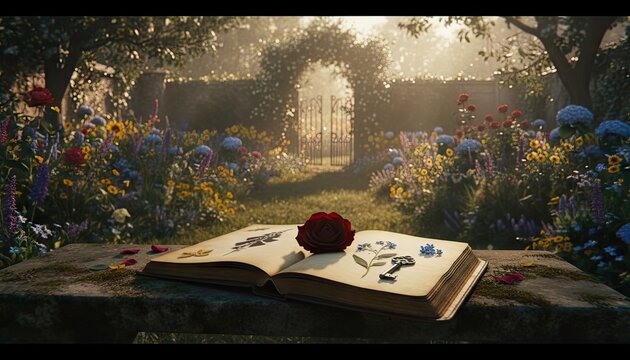 Enchanting garden gateway bathed in warm sunlight with an open book featuring a red rose and keys on a stone bench