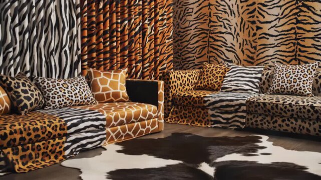 A seamless animal skin print collection gathers bold abstract geometric patterns inspired by leopard, cow, zebra, giraffe, and tiger fur in a fashionable surface design set.