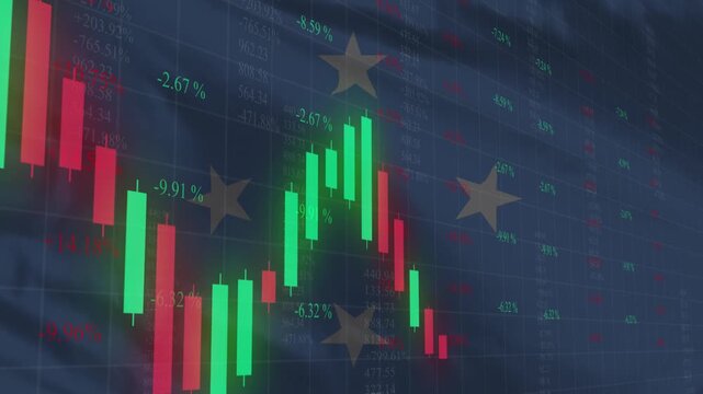 Market Dynamics: A dynamic visual representation of market fluctuations, displaying both gains and losses through data-driven charts superimposed over a symbolic flag.