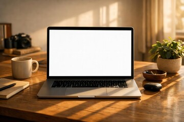 Fototapeta premium Minimalist Desktop Workspace with Laptop Mockup, Coffee, Plant, and Sunlight