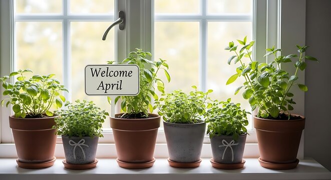 Welcome April spring potted plants on sunny windowsill with chalkboard sign