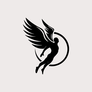 Black and white flying angel silhouette within a circle tattoo art