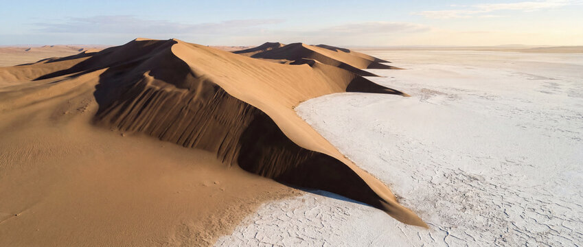 Aerial view of sweeping desert dune ridges curving into a bright white salt flat, with sculpted sand faces, sharp crest lines, and stark contrast between warm dunes and the dry pan beyond