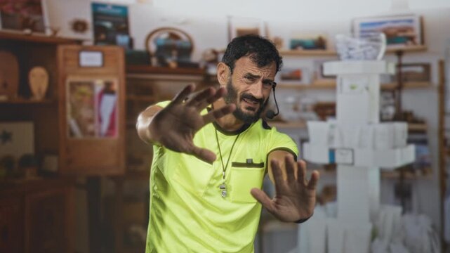 Man blocking with hands and whistle necklace, grimacing while signaling in a cluttered studio with shelves and boxes; avoidance frustration.