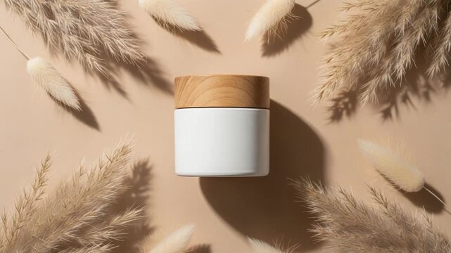 A white cylindrical container with a wooden lid surrounded by beige pampas grasses on a beige background, casting shadows