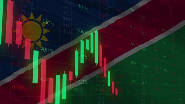 Namibia Flag and Financial Data: The Namibian flag overlaid with a graph visualizing market trends and financial fluctuations, reflecting economic indicators and the nation's economic state.