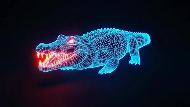Glowing Neon Wireframe Alligator with Open Mouth and Sharp Teeth.