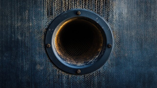Dark speaker vent on dusty wooden speaker box